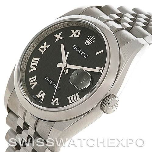 The image shows a side view of a Rolex Datejust 116200-BKRJ Men
s Stainless Steel Black Dial 116200-BKRJ Men
s Stainless Steel Black Dial watch, highlighting its black dial, Roman numeral indices, and jubilee bracelet.