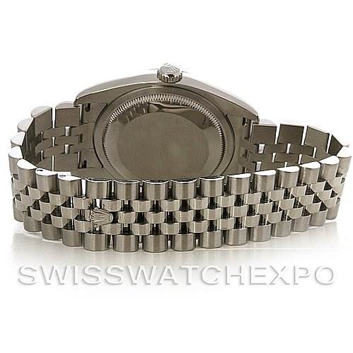 The image shows the back case and Jubilee bracelet of a Rolex Datejust 116200-BKRJ Men
s Stainless Steel Black Dial 116200-BKRJ Men
s Stainless Steel Black Dial watch, viewed from the rear.