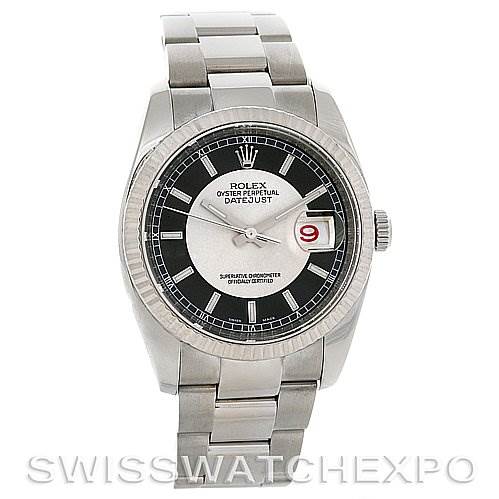 The image shows a front view of a Rolex Datejust 116234BKRSJ Men's Stainless Steel Silver Dial 116234BKRSJ Men's Stainless Steel Silver Dial watch, displaying the face, bezel, and part of the bracelet.