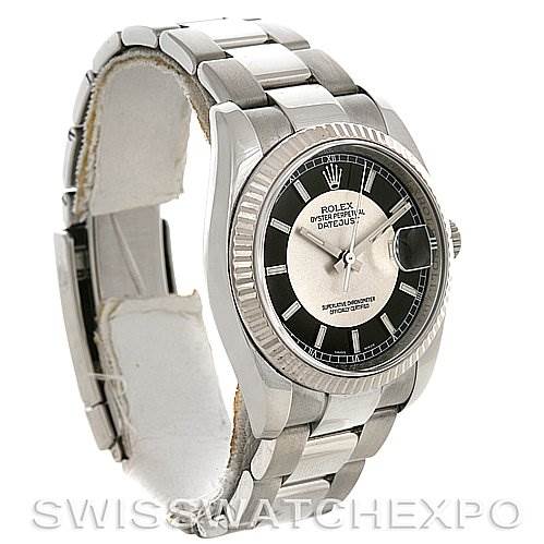 The image shows a Rolex Datejust 116234BKRSJ Men's Stainless Steel Silver Dial 116234BKRSJ Men's Stainless Steel Silver Dial watch at a slight angle, displaying the face, bezel, and part of the bracelet.
