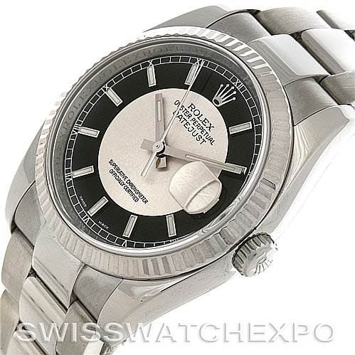 This image shows a Rolex Datejust 116234BKRSJ Men's Stainless Steel Silver Dial 116234BKRSJ Men's Stainless Steel Silver Dial watch from an angled top view, highlighting the face, bezel, crown, and bracelet.