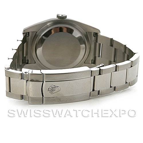 The image shows the back and bracelet of a Rolex Datejust 116234BKRSJ Men's Stainless Steel Silver Dial 116234BKRSJ Men's Stainless Steel Silver Dial watch, highlighting the clasp with the Rolex logo.
