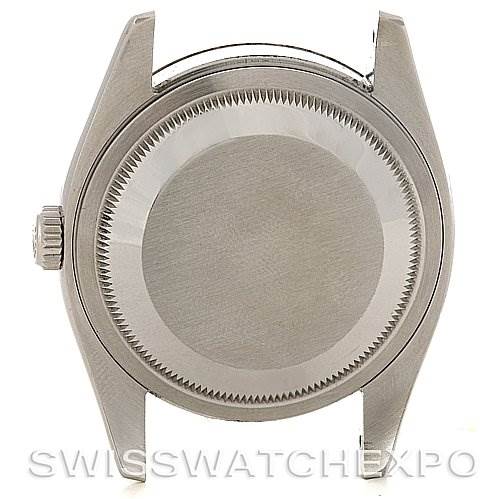 This image shows the back casing and lugs of a Rolex Datejust 116234BKRSJ Men's Stainless Steel Silver Dial 116234BKRSJ Men's Stainless Steel Silver Dial watch, viewed from a straight-on angle.