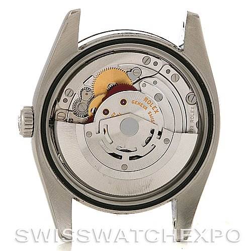 This image shows the movement and inner workings of a Rolex Datejust 116234BKRSJ Men's Stainless Steel Silver Dial 116234BKRSJ Men's Stainless Steel Silver Dial watch from the back angle, with the case back removed.