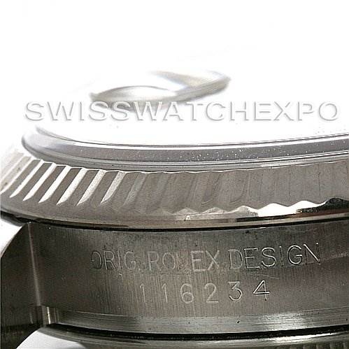 The image shows a close-up of the side, bezel, and case of a Rolex Datejust 116234BKRSJ Men's Stainless Steel Silver Dial 116234BKRSJ Men's Stainless Steel Silver Dial watch, highlighting the model number engraving.