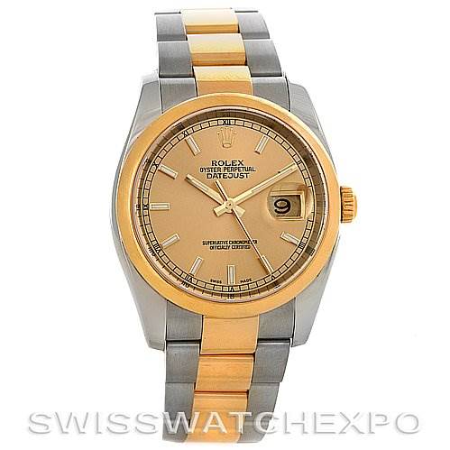 This image shows the front view of a Rolex Datejust 116203 Men's Stainless Steel Champagne Dial 116203 Men's Stainless Steel Champagne Dial watch, highlighting its face, bracelet, and crown.
