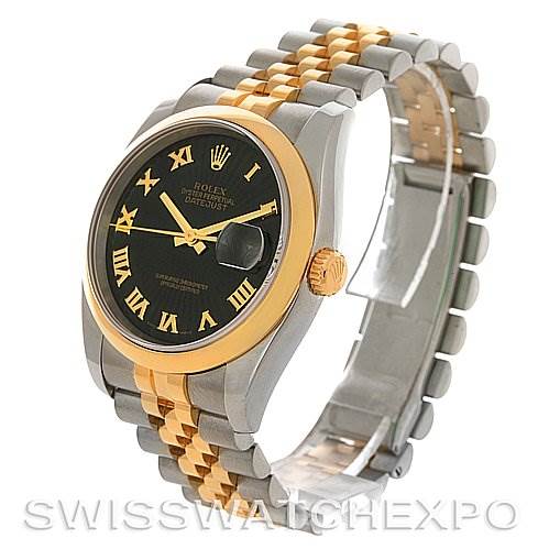 This is a side view angle of a Rolex Datejust 116203 Men's Stainless Steel Black Dial 116203 Men's Stainless Steel Black Dial watch showing its black dial, two-tone bracelet, and fluted bezel.