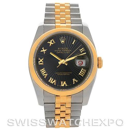 This image shows a front view of a Rolex Datejust 116203 Men's Stainless Steel Black Dial 116203 Men's Stainless Steel Black Dial watch, highlighting its dial, bezel, and two-tone bracelet.