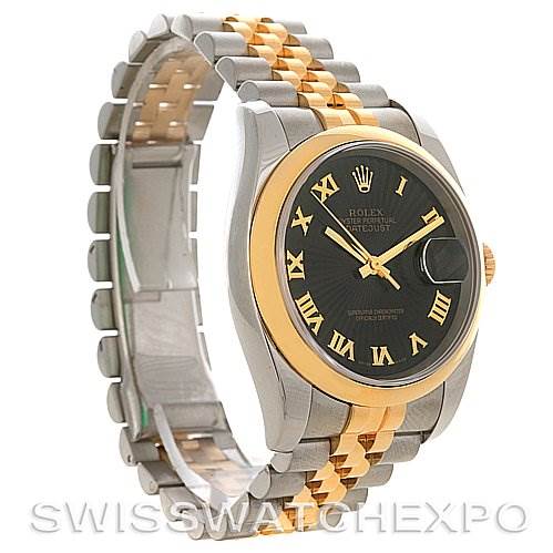 This image shows the Rolex Datejust 116203 Men's Stainless Steel Black Dial 116203 Men's Stainless Steel Black Dial model, featuring a two-tone bracelet and a black dial with Roman numerals, viewed from an angled perspective.
