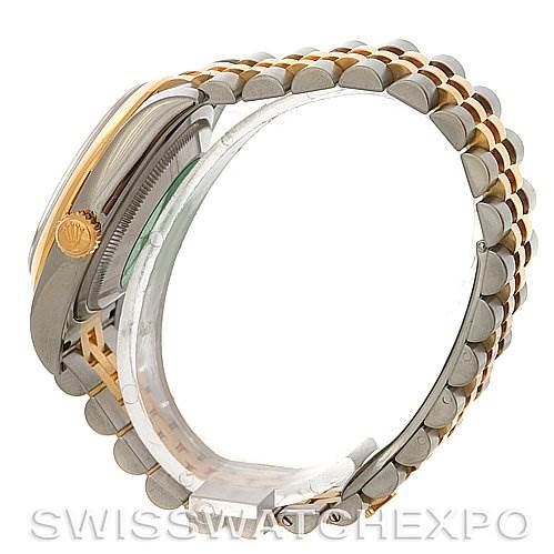 The image shows a side view of the Rolex Datejust 116203 Men's Stainless Steel Black Dial 116203 Men's Stainless Steel Black Dial watch, highlighting its two-tone bracelet and case.