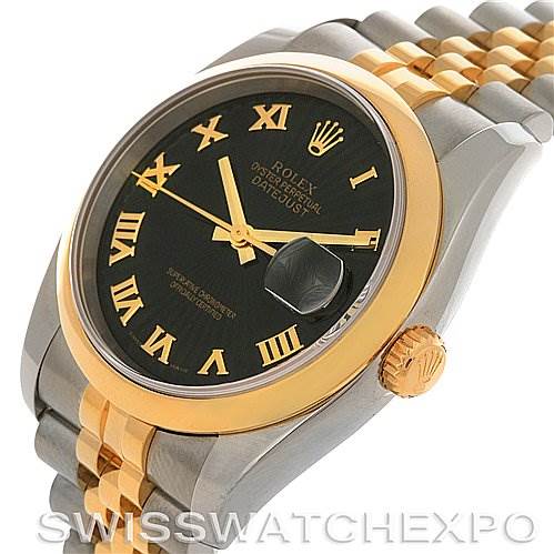 The image shows a side angle of a Rolex Datejust 116203 Men's Stainless Steel Black Dial 116203 Men's Stainless Steel Black Dial watch, highlighting its gold bezel, crown, and two-tone bracelet.
