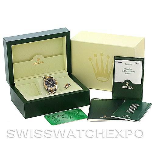 The image shows a Rolex Datejust 116203 Men's Stainless Steel Black Dial 116203 Men's Stainless Steel Black Dial watch in an open box with warranty card, manual, and additional links.
