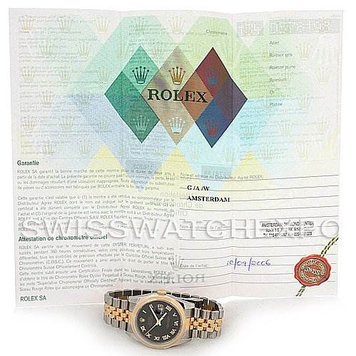 The image shows a Rolex Datejust 116203 Men's Stainless Steel Black Dial 116203 Men's Stainless Steel Black Dial watch laid flat with its certificate of authenticity displayed behind it.