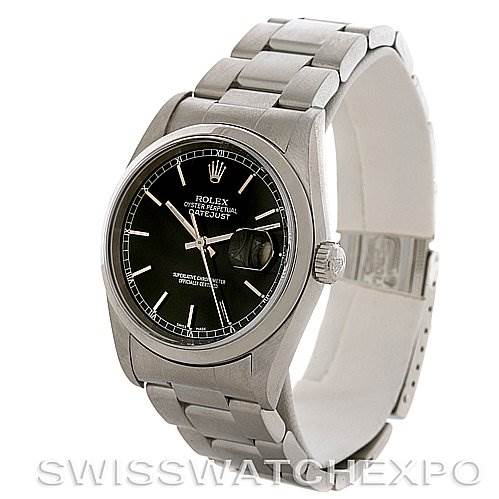 The image shows a Rolex Datejust 16200 Men's Stainless Steel Black Dial 16200 Men's Stainless Steel Black Dial watch from a slightly angled front view, highlighting the face, bezel, crown, and part of the bracelet.