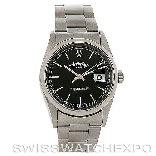 This image shows a front view of a Rolex Datejust 16200 Men's Stainless Steel Black Dial 16200 Men's Stainless Steel Black Dial watch, displaying the black dial, silver bracelet, and date window at 3 o'clock.