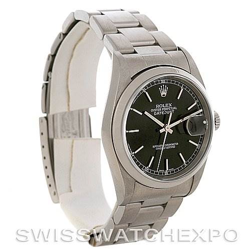 This image shows a side angle of a Rolex Datejust 16200 Men's Stainless Steel Black Dial 16200 Men's Stainless Steel Black Dial watch, highlighting the dial, bracelet, and crown.