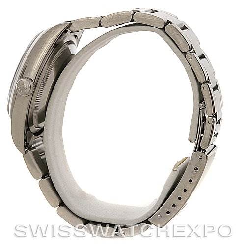 This image shows a side view of a Rolex Datejust 16200 Men's Stainless Steel Black Dial 16200 Men's Stainless Steel Black Dial watch, highlighting its bracelet, crown, and clasp.