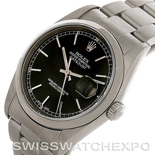 This image shows a Rolex Datejust 16200 Men's Stainless Steel Black Dial 16200 Men's Stainless Steel Black Dial watch from an angled top view, highlighting the face, crown, and part of the bracelet.