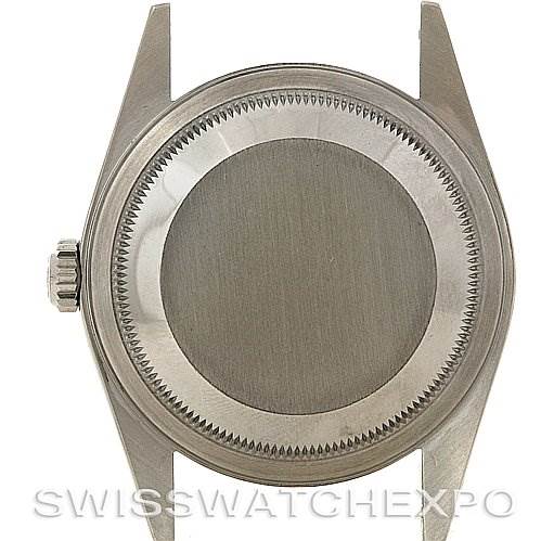 This image shows the case back of a Rolex Datejust 16200 Men's Stainless Steel Black Dial 16200 Men's Stainless Steel Black Dial watch from a top-down angle, with the crown visible on the left.