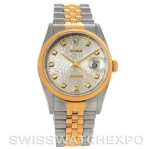 This image shows a front view of a Rolex Datejust 16233 Men's Steel and Gold (two tone) Silver Dial 16233 Men's Steel and Gold (two tone) Silver Dial watch featuring a two-tone bracelet and diamond hour markers.