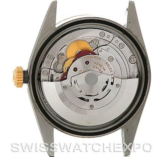 This image shows the back of a Rolex Datejust 16233 Men's Steel and Gold (two tone) Silver Dial 16233 Men's Steel and Gold (two tone) Silver Dial watch, revealing its internal mechanical movement.
