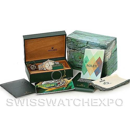 This image shows a Rolex Datejust 16233 Men's Steel and Gold (two tone) Silver Dial 16233 Men's Steel and Gold (two tone) Silver Dial watch along with its open box, outer packaging, and accompanying documents.