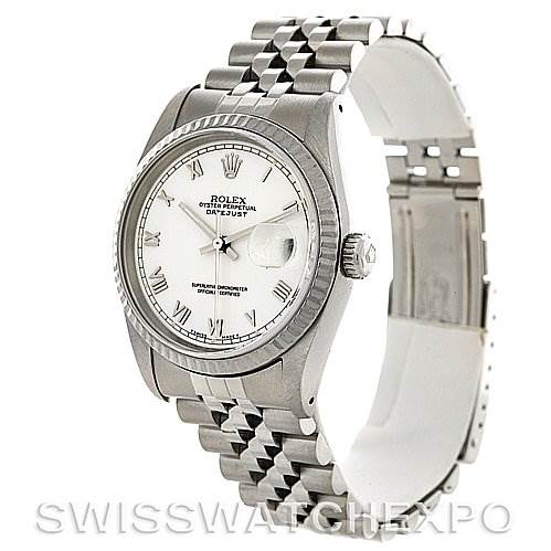 The image shows a Rolex Datejust 16234 Men's Stainless Steel White Dial 16234 Men's Stainless Steel White Dial watch at a slight angle, highlighting its face, bezel, crown, and partially open stainless steel jubilee bracelet.