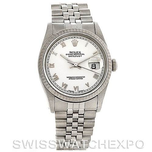 The image displays a frontal view of the Rolex Datejust 16234 Men's Stainless Steel White Dial 16234 Men's Stainless Steel White Dial watch, showcasing its white dial, bezel, and Jubilee bracelet.