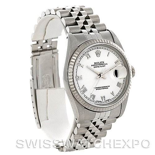 The image shows a Rolex Datejust 16234 Men's Stainless Steel White Dial 16234 Men's Stainless Steel White Dial watch from an angled side view, highlighting the face, bezel, bracelet, and open clasp.
