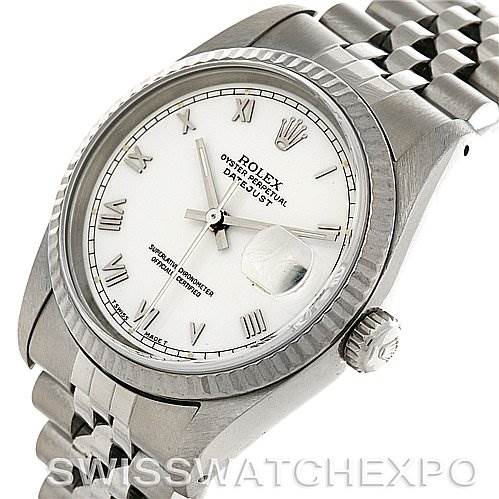 This image shows the front and side view of a Rolex Datejust 16234 Men's Stainless Steel White Dial 16234 Men's Stainless Steel White Dial watch, highlighting the face, bezel, crown, and part of the bracelet.