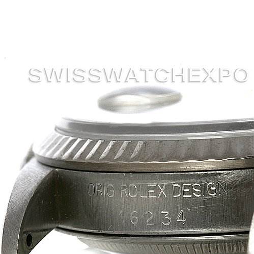 The image shows a side view of the Datejust model by Rolex, focusing on the case and the engraved design number 16234.