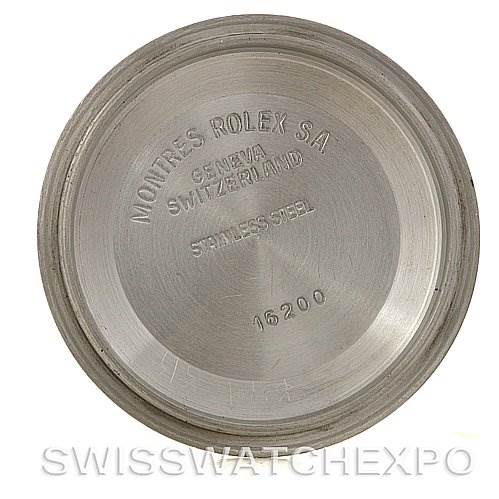 This image shows the inside case back of a Rolex Datejust 16234 Men's Stainless Steel White Dial 16234 Men's Stainless Steel White Dial watch, featuring inscriptions and the model number 16200.