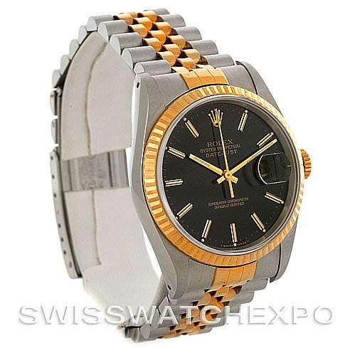 The image shows a Rolex Datejust 16233 Men's Steel and Gold (two tone) Black Dial 16233 Men's Steel and Gold (two tone) Black Dial watch at an angle that highlights its face, bezel, crown, and jubilee bracelet.