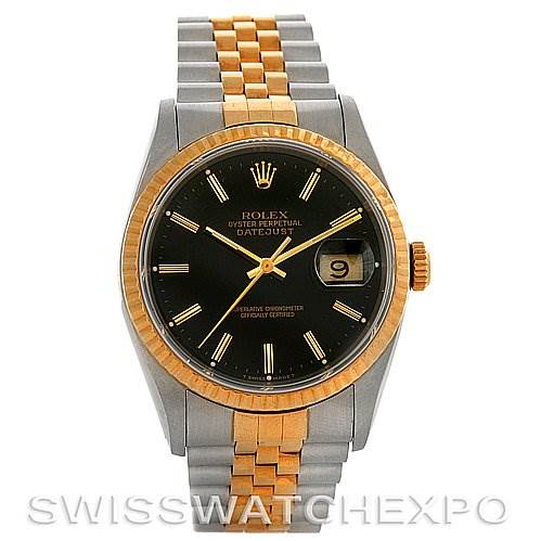 The image shows a frontal view of a Rolex Datejust 16233 Men's Steel and Gold (two tone) Black Dial 16233 Men's Steel and Gold (two tone) Black Dial watch with a two-tone bracelet and a black dial.