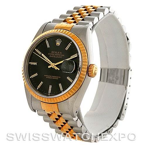 The image shows a Rolex Datejust 16233 Men's Steel and Gold (two tone) Black Dial 16233 Men's Steel and Gold (two tone) Black Dial watch at a front angle, displaying the face, bezel, crown, and bracelet.