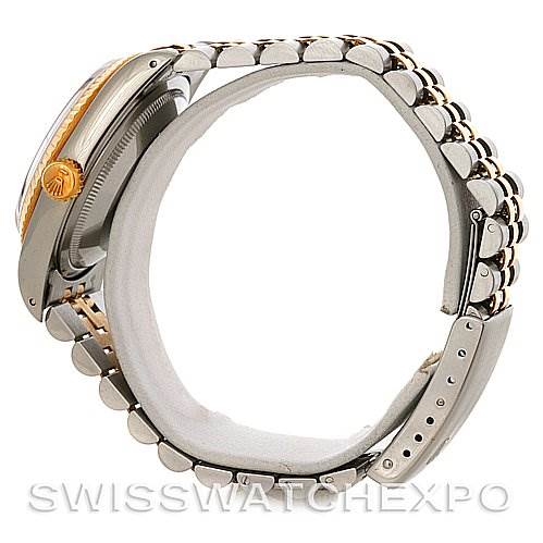 The image shows a side view of the Rolex Datejust 16233 Men's Steel and Gold (two tone) Black Dial 16233 Men's Steel and Gold (two tone) Black Dial watch, highlighting its crown, bezel, and bracelet.