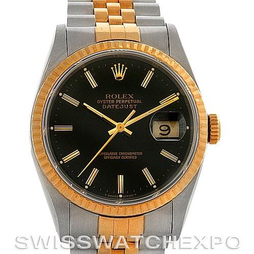 This image shows a front and centered view of a Rolex Datejust 16233 Men's Steel and Gold (two tone) Black Dial 16233 Men's Steel and Gold (two tone) Black Dial watch, highlighting the dial, bezel, crown, and bracelet.