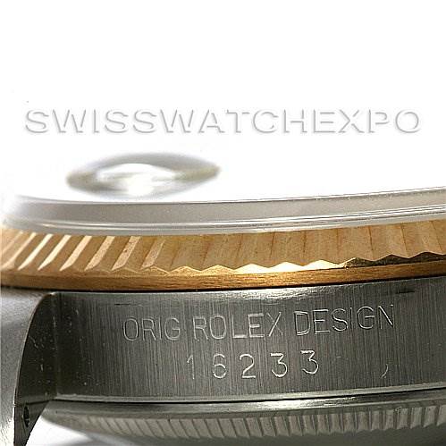 This image shows a close-up of the side of a Rolex Datejust 16233 Men's Steel and Gold (two tone) Black Dial 16233 Men's Steel and Gold (two tone) Black Dial model, highlighting the case and part of the bezel, along with the engraved model number 16233.