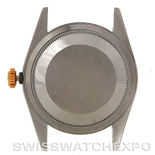 The image shows the back case of a Rolex Datejust 16233 Men's Steel and Gold (two tone) Black Dial 16233 Men's Steel and Gold (two tone) Black Dial watch, emphasizing the brushed finish and the crown.