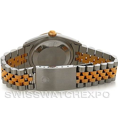 This image shows the back view of a Rolex Datejust 16233 Men's Steel and Gold (two tone) Black Dial 16233 Men's Steel and Gold (two tone) Black Dial watch, focusing on its case back, crown, and Jubilee bracelet with a clasp.