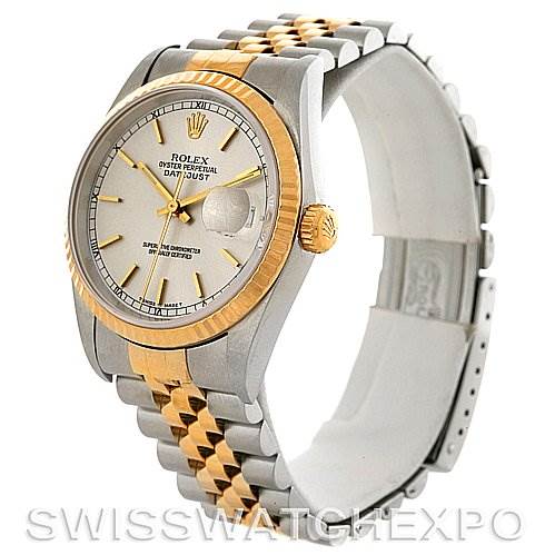 The image shows a Rolex Datejust 16233 Men's Steel and Gold (two tone) Silver Dial 16233 Men's Steel and Gold (two tone) Silver Dial watch angled to display the face, bezel, crown, and part of the bracelet.
