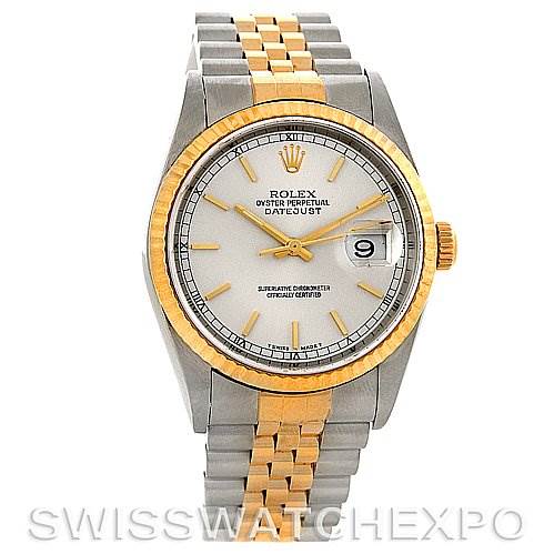 The image shows a Rolex Datejust 16233 Men's Steel and Gold (two tone) Silver Dial 16233 Men's Steel and Gold (two tone) Silver Dial watch from a front angle, highlighting the dial, bezel, and two-tone jubilee bracelet.
