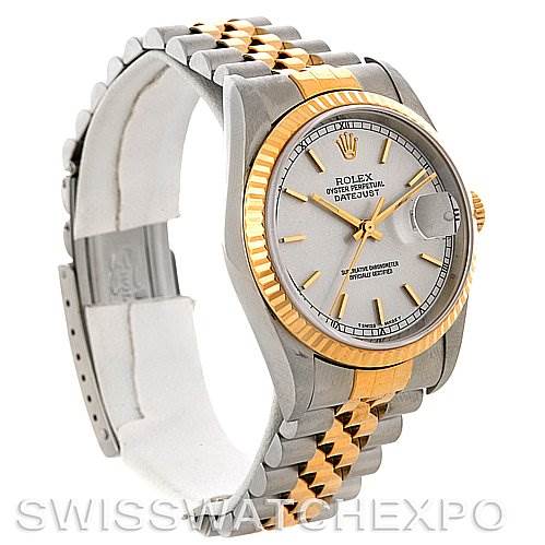 The image shows a three-quarter angle of the Rolex Datejust 16233 Men's Steel and Gold (two tone) Silver Dial 16233 Men's Steel and Gold (two tone) Silver Dial watch, highlighting its silver and gold bracelet and the face with a date display.