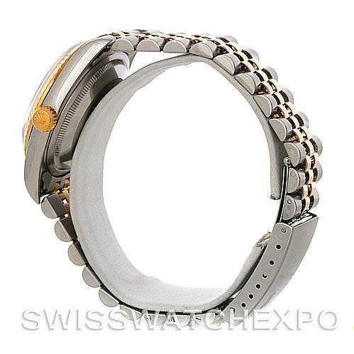 The image shows a side profile of the Rolex Datejust 16233 Men's Steel and Gold (two tone) Silver Dial 16233 Men's Steel and Gold (two tone) Silver Dial model, highlighting its bracelet and case.