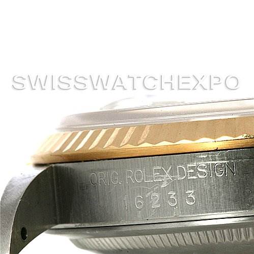 The image shows a close-up side view of the Rolex Datejust 16233 Men's Steel and Gold (two tone) Silver Dial 16233 Men's Steel and Gold (two tone) Silver Dial model, highlighting the bezel and engraved model number 16233.