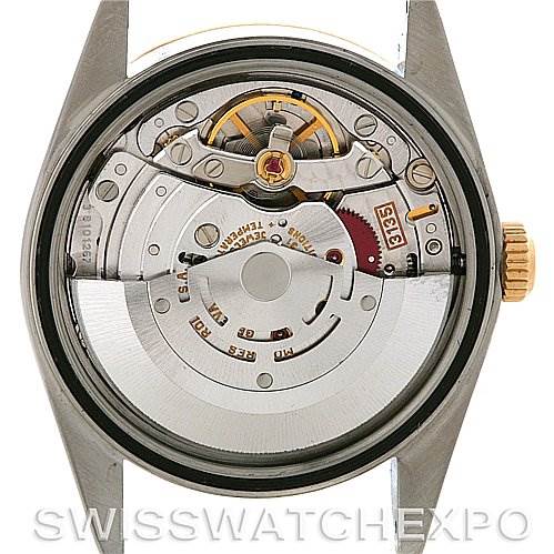 The image shows the back view of a Rolex Datejust 16233 Men's Steel and Gold (two tone) Silver Dial 16233 Men's Steel and Gold (two tone) Silver Dial watch, revealing its internal mechanical movement.