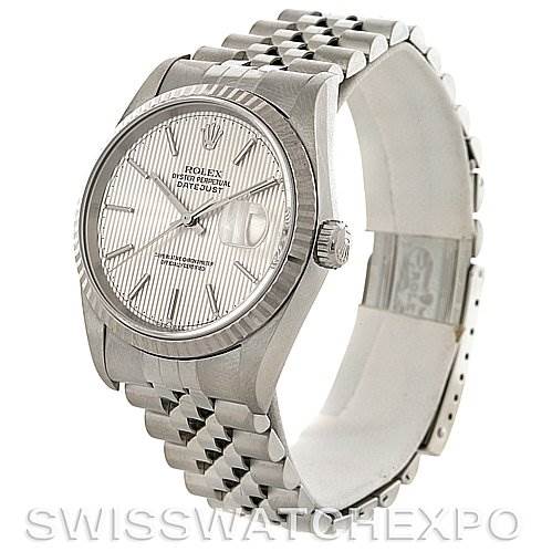 This image shows a Rolex Datejust 16234 Men's Stainless Steel Silver Dial 16234 Men's Stainless Steel Silver Dial watch viewed at an angled perspective, highlighting the face and part of the bracelet.