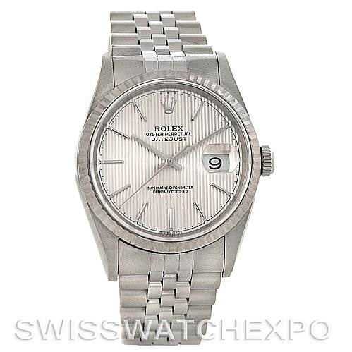 The image shows a Rolex Datejust 16234 Men's Stainless Steel Silver Dial 16234 Men's Stainless Steel Silver Dial watch from a front-facing angle, displaying its dial, bracelet, date window, and crown.