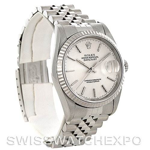 The image shows a Rolex Datejust 16234 Men's Stainless Steel Silver Dial 16234 Men's Stainless Steel Silver Dial watch with a jubilee bracelet and a fluted bezel, viewed at an angle from the front and side.