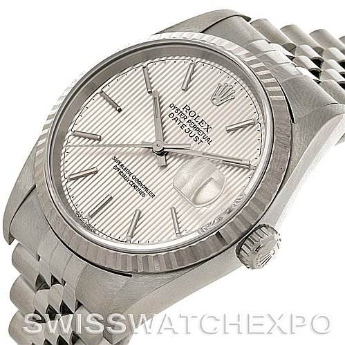 The image shows a close-up of the Rolex Datejust 16234 Men's Stainless Steel Silver Dial 16234 Men's Stainless Steel Silver Dial watch at a slight angle, highlighting the dial, bezel, and crown.